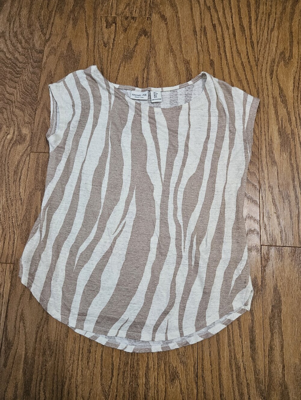 Rachel Zoe Tan Cream Zebra Stripe 100% Linen Scoop Neck Short Sleeve Top Size S